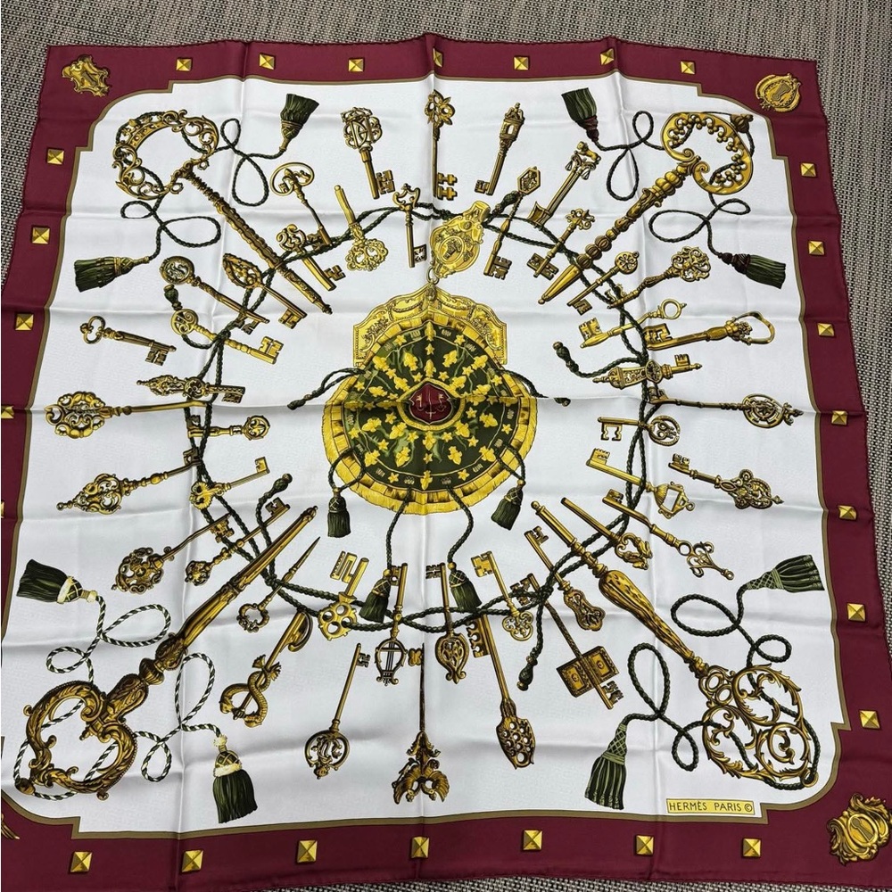 HERMES Women's Silk Scarf - Burgundy and Gold